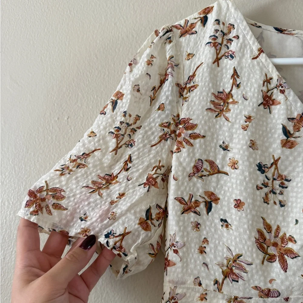 Madewell Floral 100% Silk Clip Dot Gingham Ruched V Neck Puff Sleeve Top size 8
